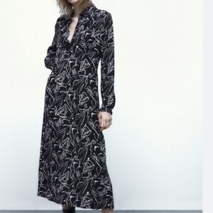 Zara Black Ecru Collared Floral Print Buttoned Carlotta Midi Dress Medium Flaw